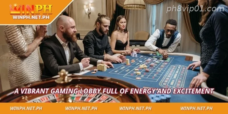 A vibrant gaming lobby full of energy and excitement